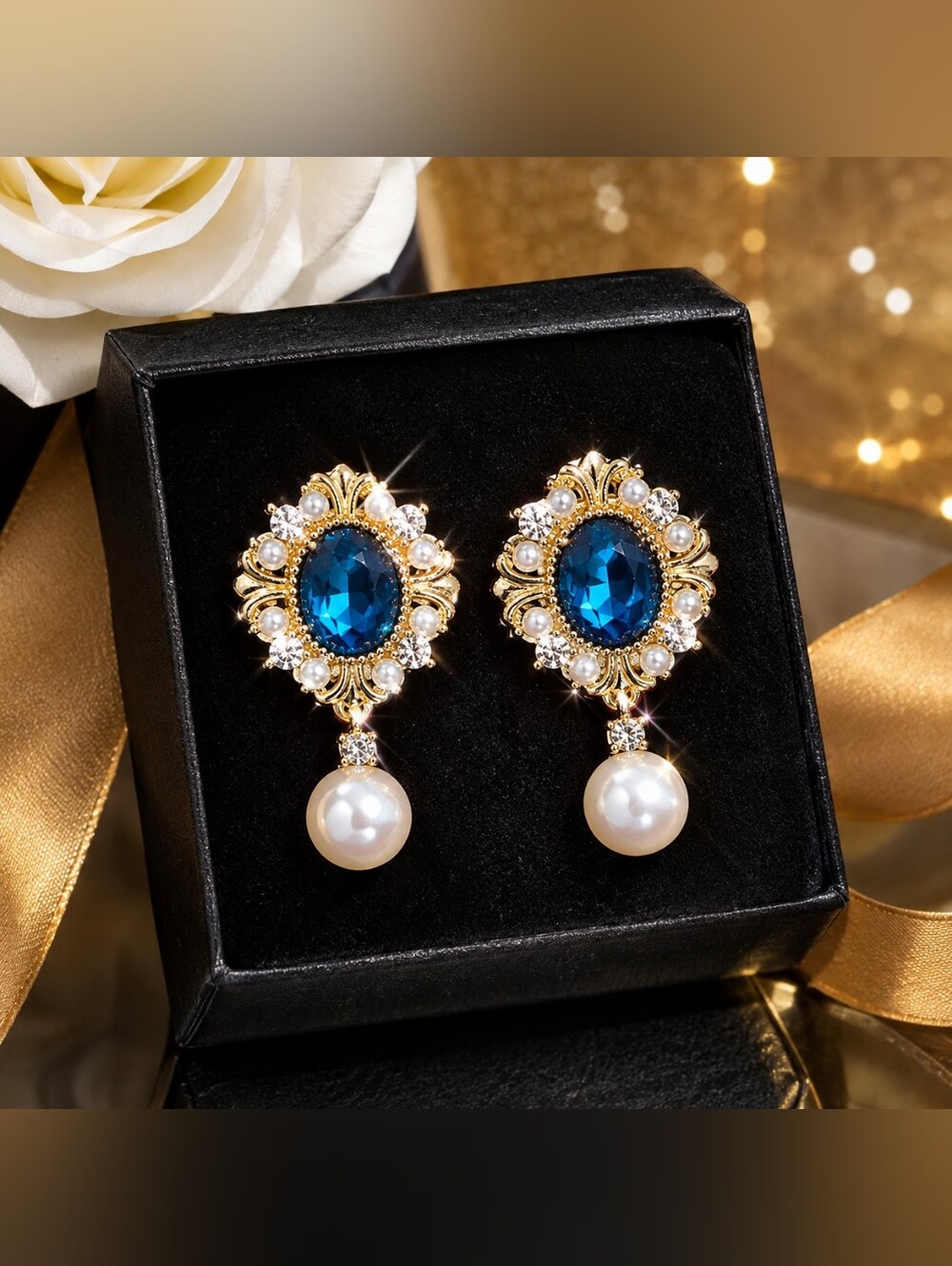 100% Natural Freshwater Drop Pearl Blue Zircon Stone Stud Earrings